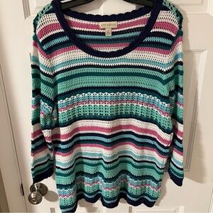 Appleseed's Women’s Vibrant Striped 100% cotton crewneck crocheted sweater Large